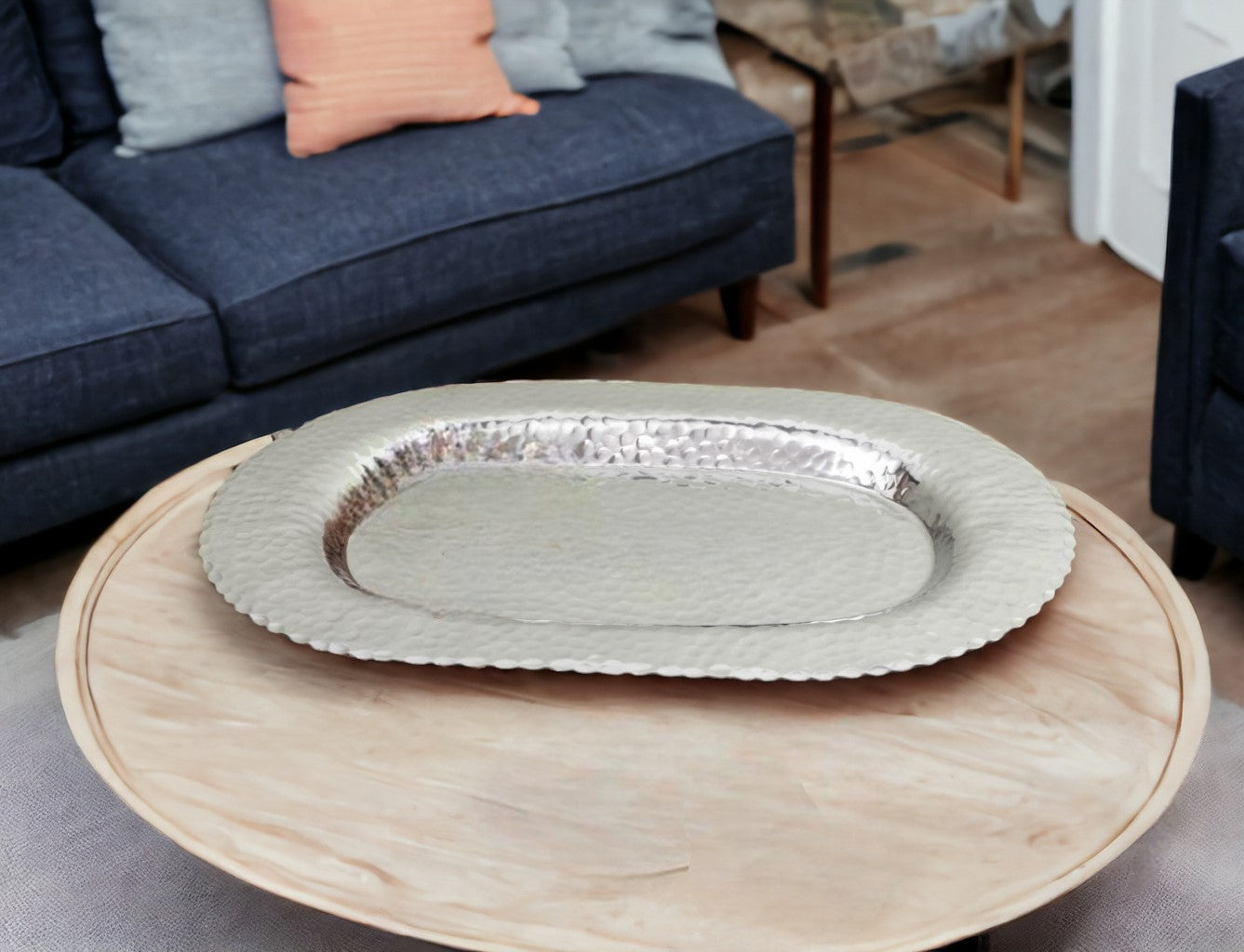 13’’ Silver Oval Stainless Steel Hammered Serving Tray - Trays