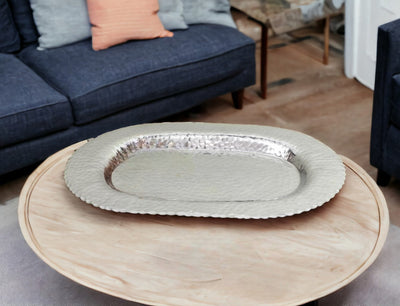 13’’ Silver Oval Stainless Steel Hammered Serving Tray - Trays