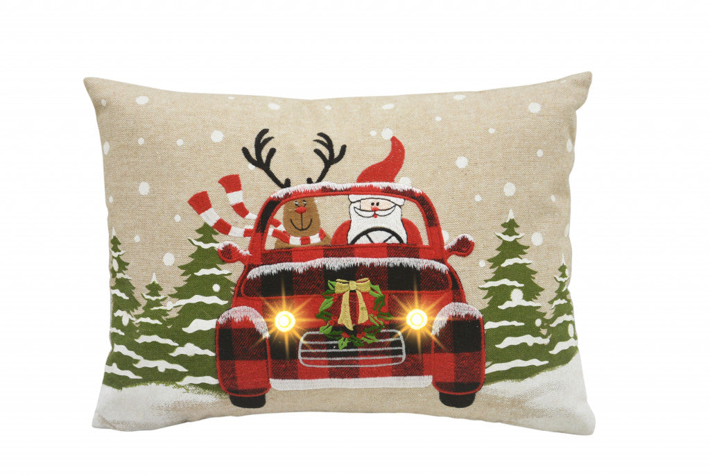 13’ X 18’ Beige and Red Christmas Holiday Van Polyester Pillow With Applique - Accent Throw Pillows