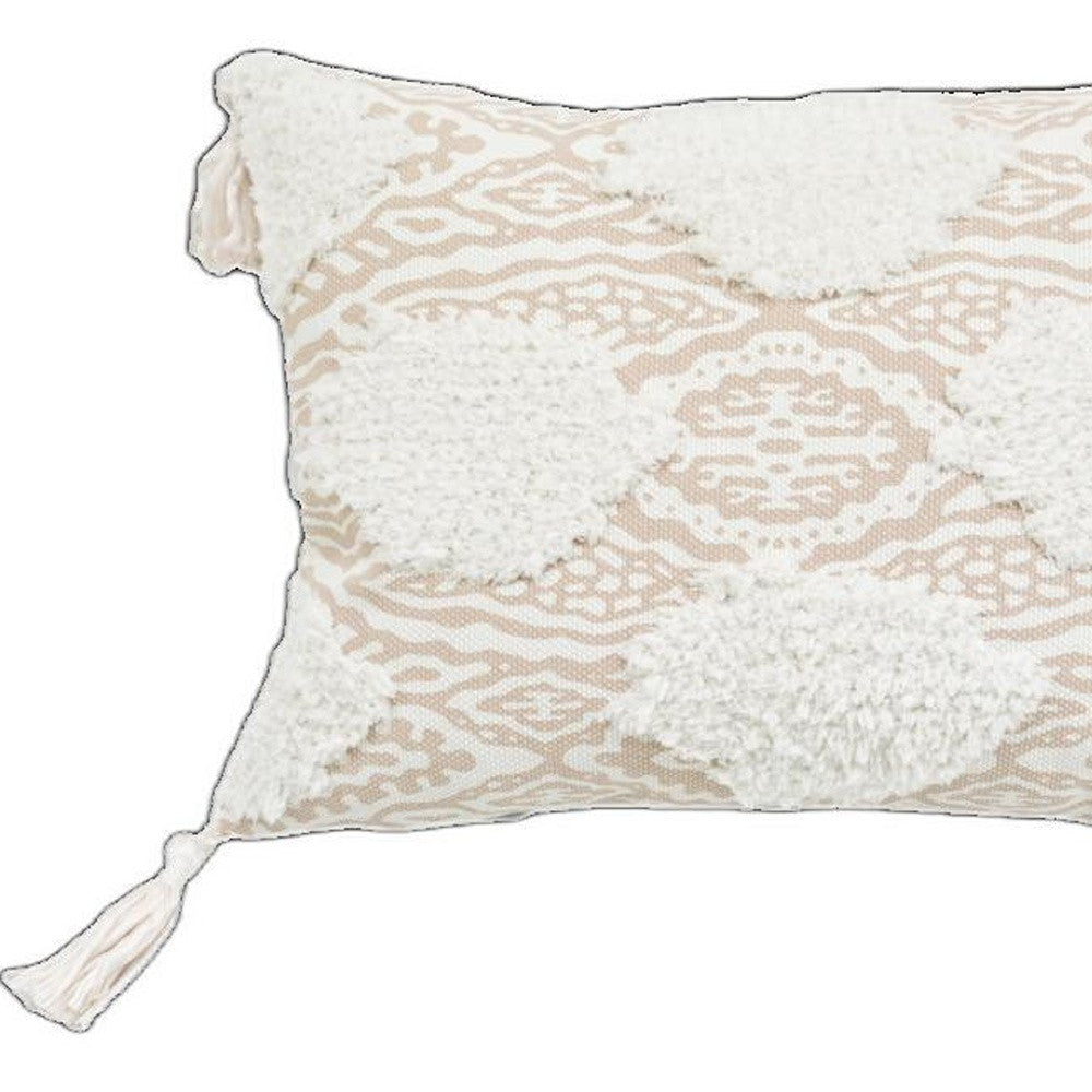 13’ X 18’ Beige And White Ogee Zippered Polyester And Cotton Blend Throw Pillow With Tassels - Accent Throw Pillows