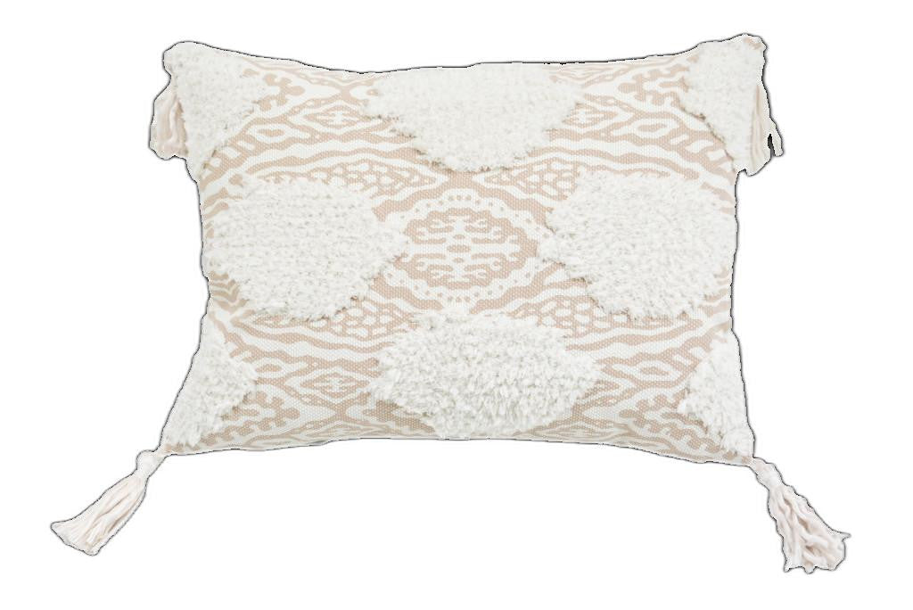 13’ X 18’ Beige And White Ogee Zippered Polyester And Cotton Blend Throw Pillow With Tassels - Accent Throw Pillows