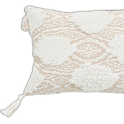 13’’ X 18’’ Beige And White Ogee Zippered Polyester And Cotton Blend Throw Pillow With Tassels - Accent Throw Pillows