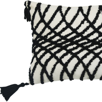 13’’ X 18’’ Black And White Geometric Zippered Polyester And Cotton Blend Throw Pillow With Tassels - Accent