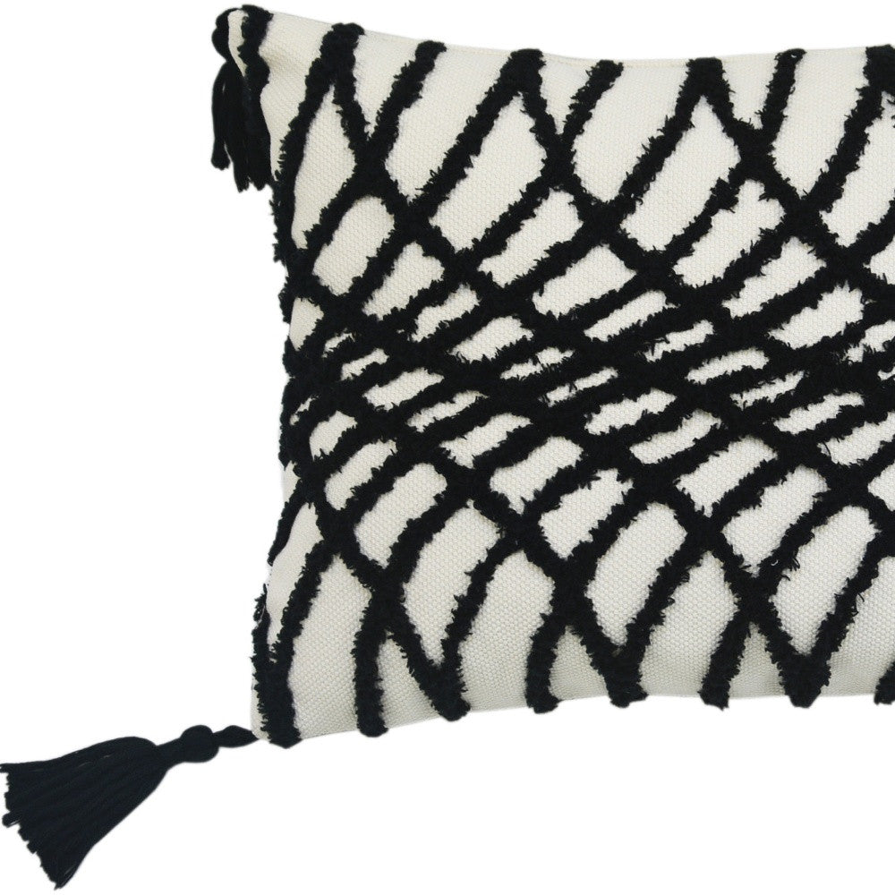 13’ X 18’ Black And White Geometric Zippered Polyester And Cotton Blend Throw Pillow With Tassels - Accent Throw Pillows