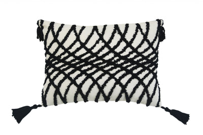 13’’ X 18’’ Black And White Geometric Zippered Polyester And Cotton Blend Throw Pillow With Tassels - Accent