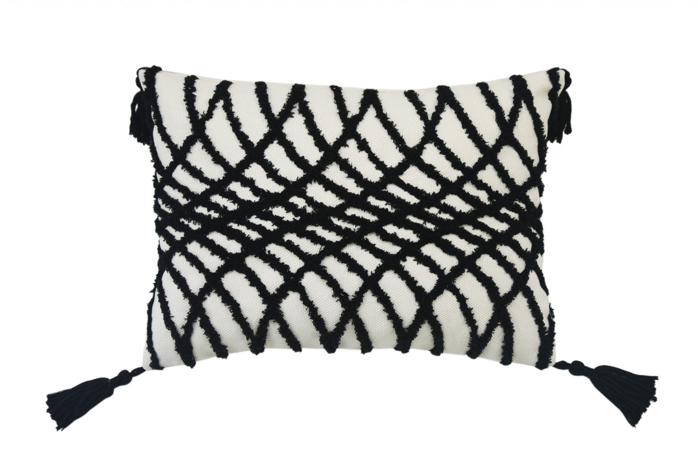 13’’ X 18’’ Black And White Geometric Zippered Polyester And Cotton Blend Throw Pillow With Tassels - Accent