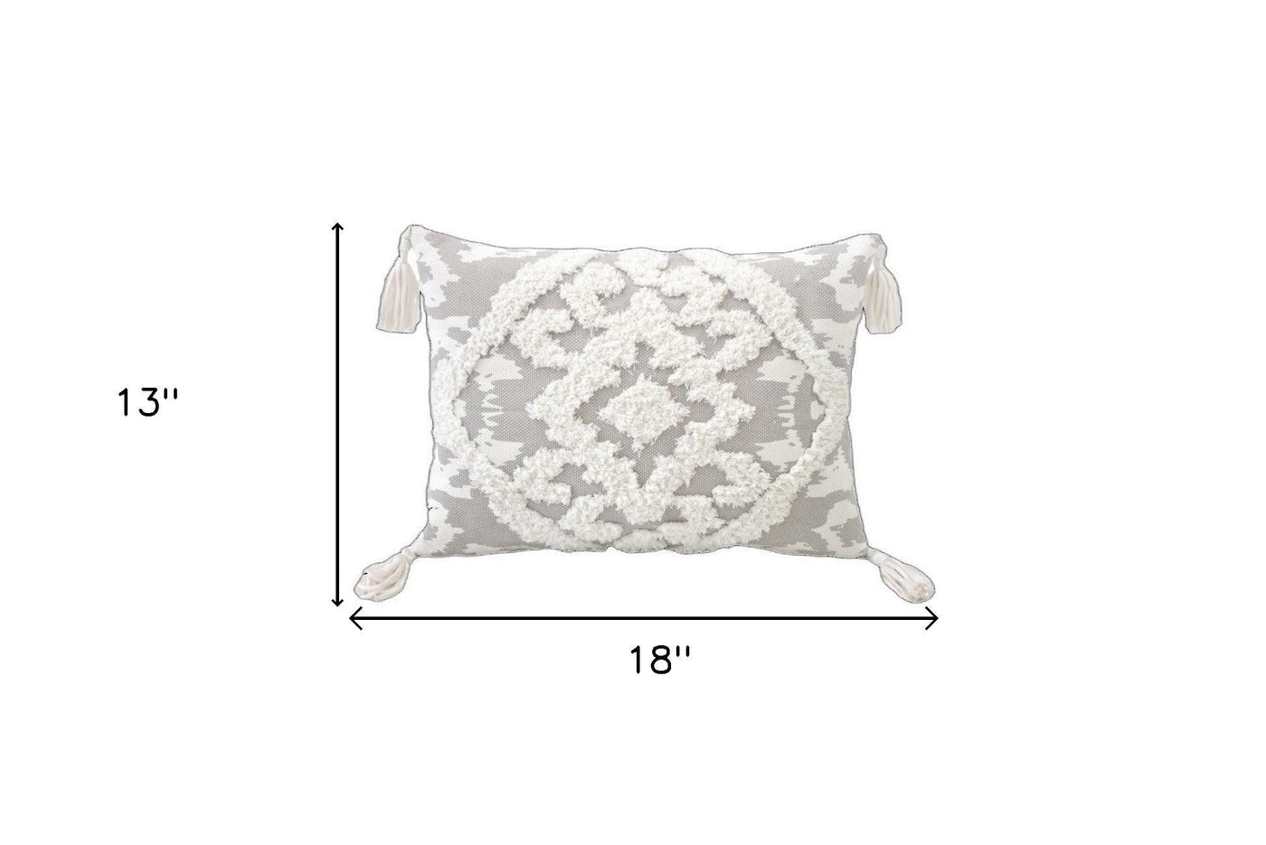 13’ X 18’ Grey And White Damask Zippered Polyester And Cotton Blend Throw Pillow With Tassels - Accent Throw Pillows