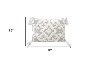 13’ X 18’ Grey And White Damask Zippered Polyester And Cotton Blend Throw Pillow With Tassels - Accent Throw Pillows