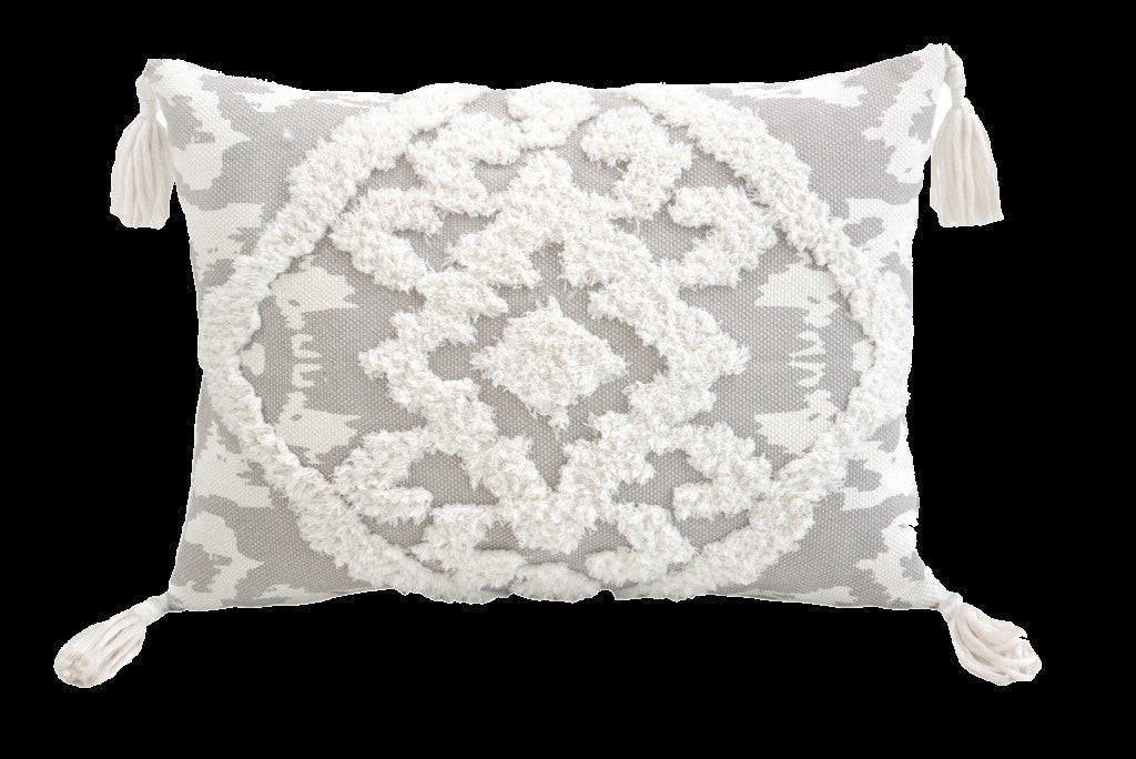 13’ X 18’ Grey And White Damask Zippered Polyester And Cotton Blend Throw Pillow With Tassels - Accent Throw Pillows