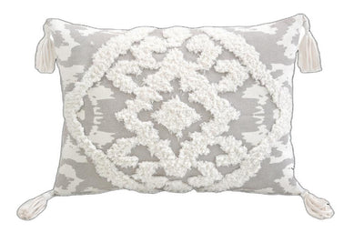 13’ X 18’ Grey And White Damask Zippered Polyester And Cotton Blend Throw Pillow With Tassels - Accent Throw Pillows