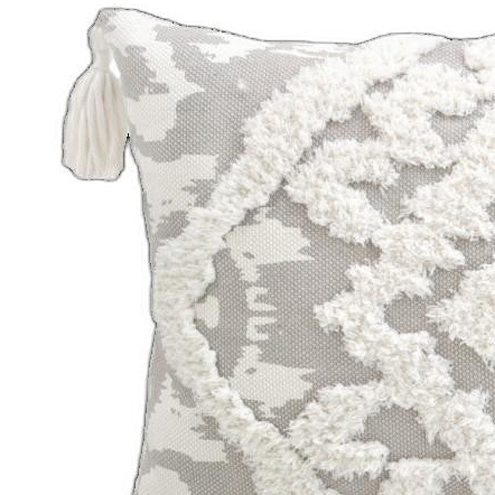 13’ X 18’ Grey And White Damask Zippered Polyester And Cotton Blend Throw Pillow With Tassels - Accent Throw Pillows