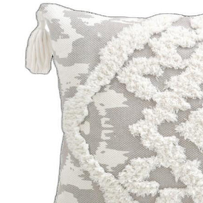 13’ X 18’ Grey And White Damask Zippered Polyester And Cotton Blend Throw Pillow With Tassels - Accent Throw Pillows