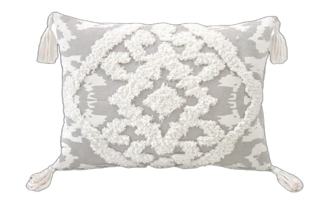 13’’ X 18’’ Grey And White Damask Zippered Polyester And Cotton Blend Throw Pillow With Tassels - Accent Throw Pillows