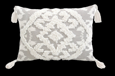 13’’ X 18’’ Grey And White Damask Zippered Polyester And Cotton Blend Throw Pillow With Tassels - Accent Throw Pillows