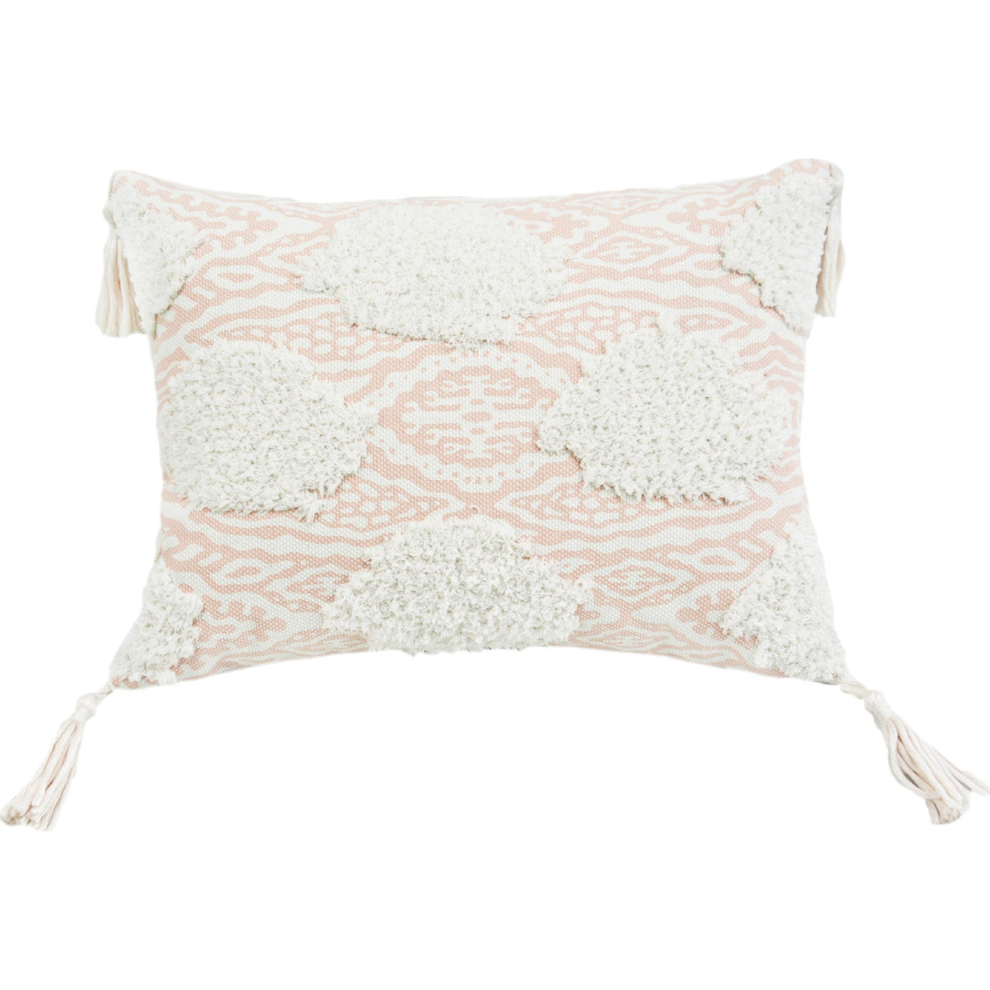 13’’ X 18’’ Peach And White Ogee Zippered Polyester And Cotton Blend Throw Pillow With Tassels - Accent Throw Pillows