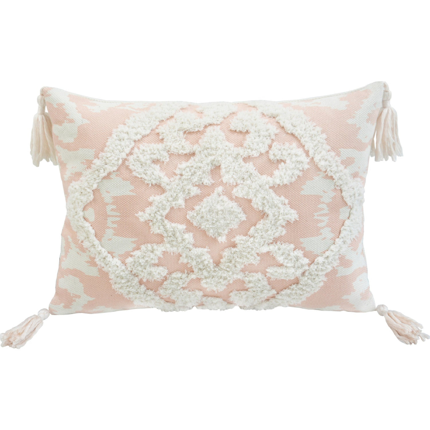 13’ X 18’ Peach And White Damask Zippered Polyester And Cotton Blend Throw Pillow With Tassels - Accent Throw Pillows