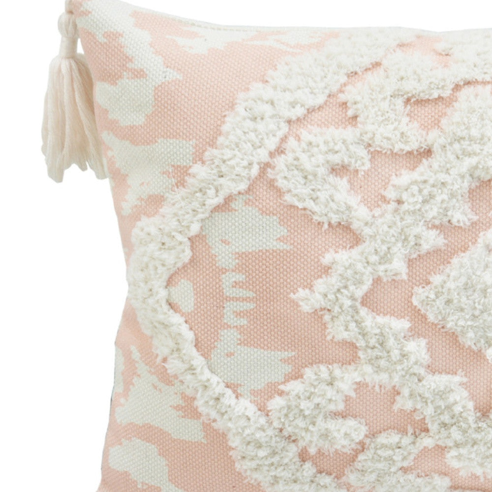 13’ X 18’ Peach And White Damask Zippered Polyester And Cotton Blend Throw Pillow With Tassels - Accent Throw Pillows