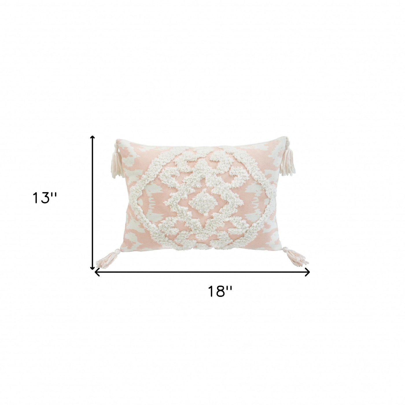 13’ X 18’ Peach And White Damask Zippered Polyester And Cotton Blend Throw Pillow With Tassels - Accent Throw Pillows