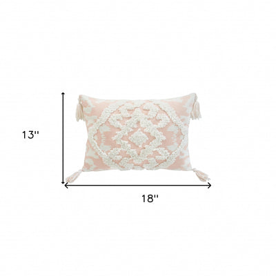 13’’ X 18’’ Peach and white Polyester and Cotton Blend Throw Pillow With Tassels - Accent Throw Pillows