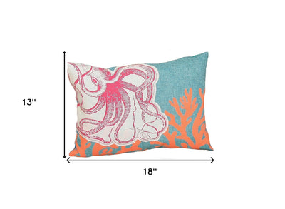 13’ X 18’ Red Orange Octopus Coastal Polyester Pillow With Applique - Accent Throw Pillows