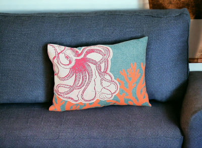 13’ X 18’ Red Orange Octopus Coastal Polyester Pillow With Applique - Accent Throw Pillows