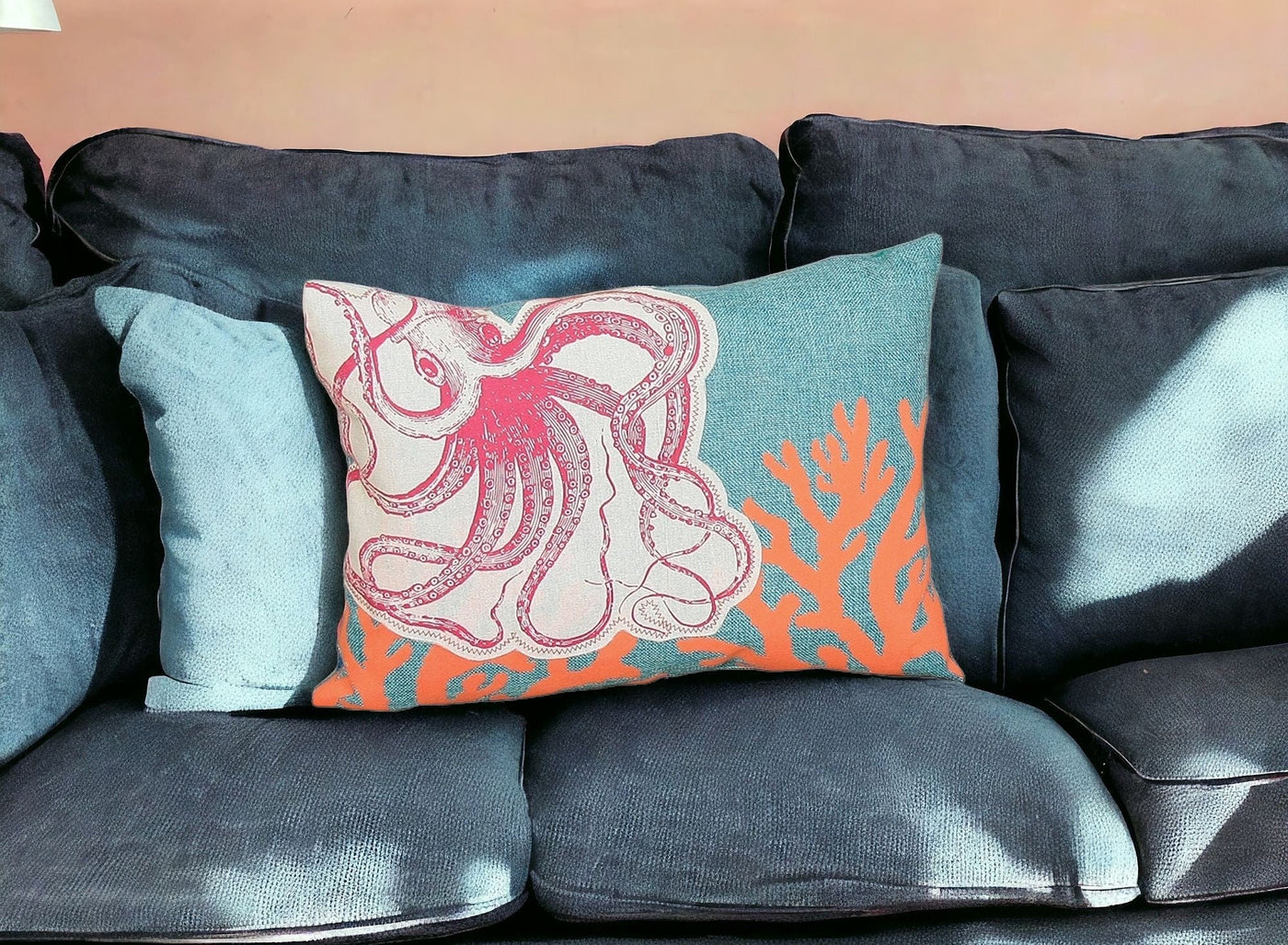 13’ X 18’ Red Orange Octopus Coastal Polyester Pillow With Applique - Accent Throw Pillows