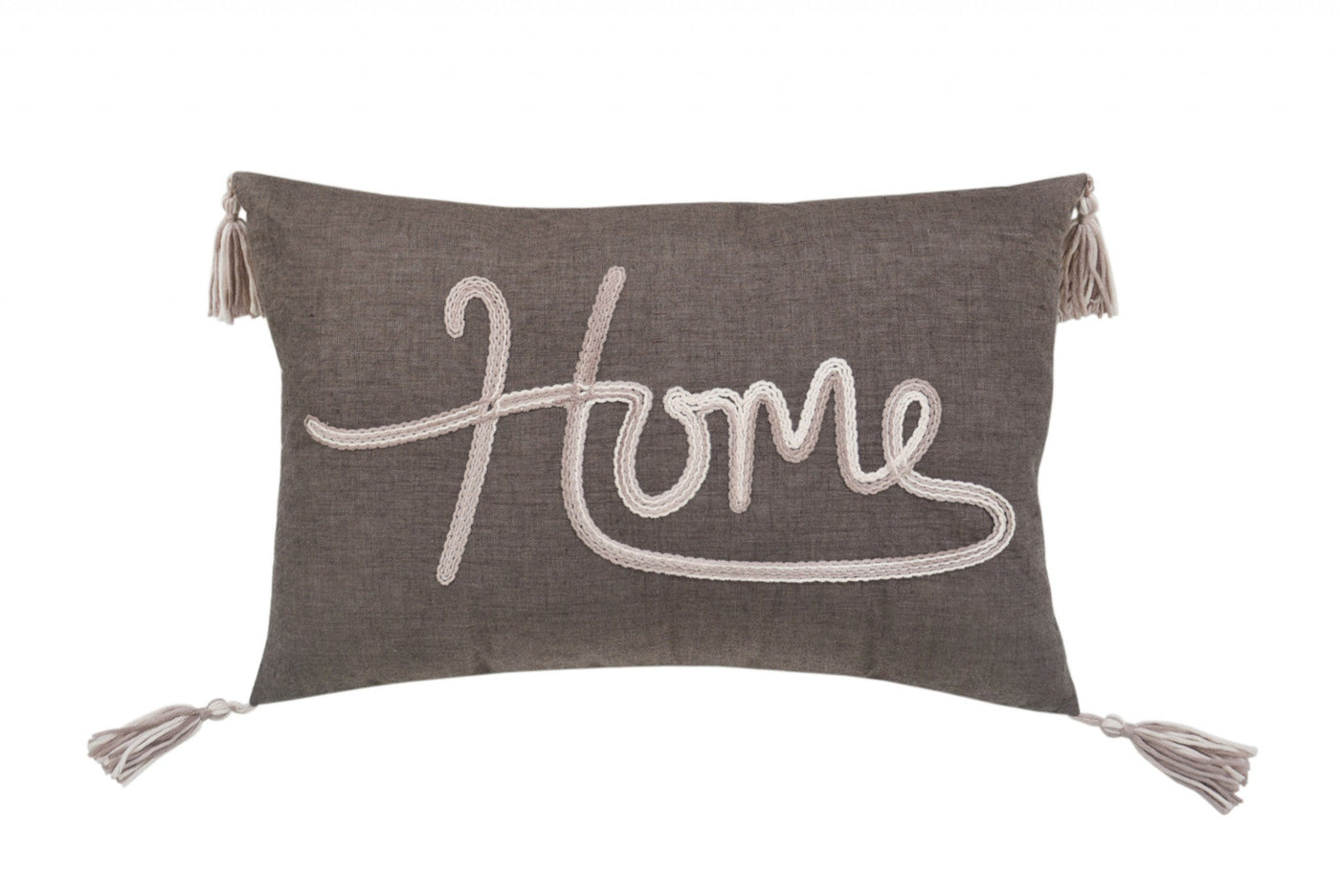 13’ X 20’ GreyTaupe And White Text Zippered Polyester Throw Pillow With Tassels - Accent Throw Pillows