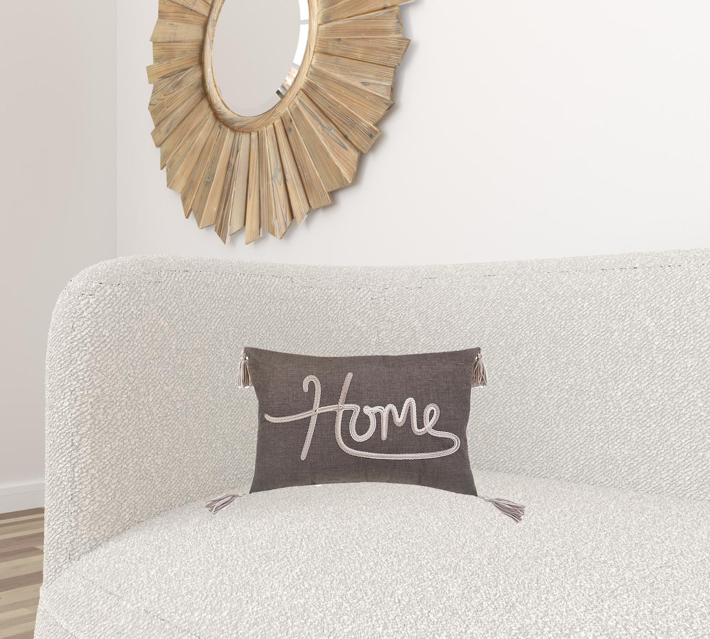 13’ X 20’ GreyTaupe And White Text Zippered Polyester Throw Pillow With Tassels - Accent Throw Pillows