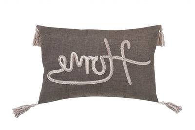 13’ X 20’ GreyTaupe And White Text Zippered Polyester Throw Pillow With Tassels - Accent Throw Pillows