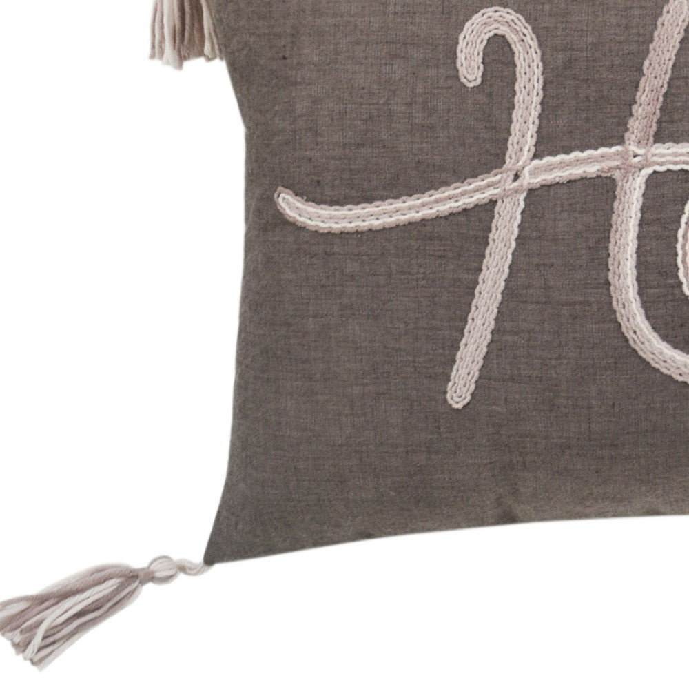 13’ X 20’ GreyTaupe And White Text Zippered Polyester Throw Pillow With Tassels - Accent Throw Pillows