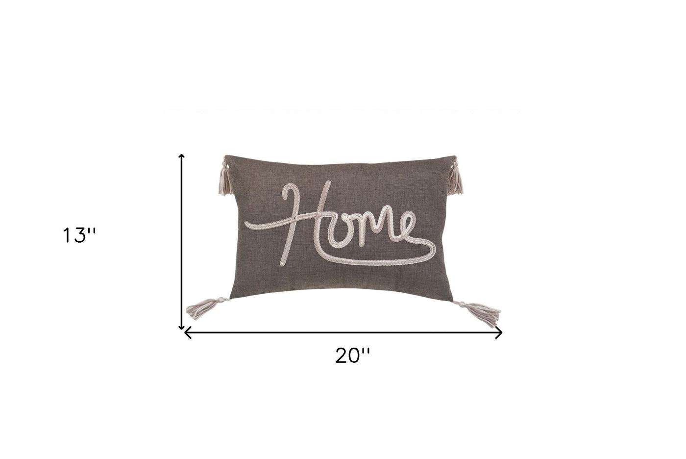 13’ X 20’ GreyTaupe And White Text Zippered Polyester Throw Pillow With Tassels - Accent Throw Pillows