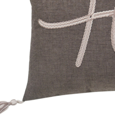 13’ X 20’ GreyTaupe And White Text Zippered Polyester Throw Pillow With Tassels - Accent Throw Pillows