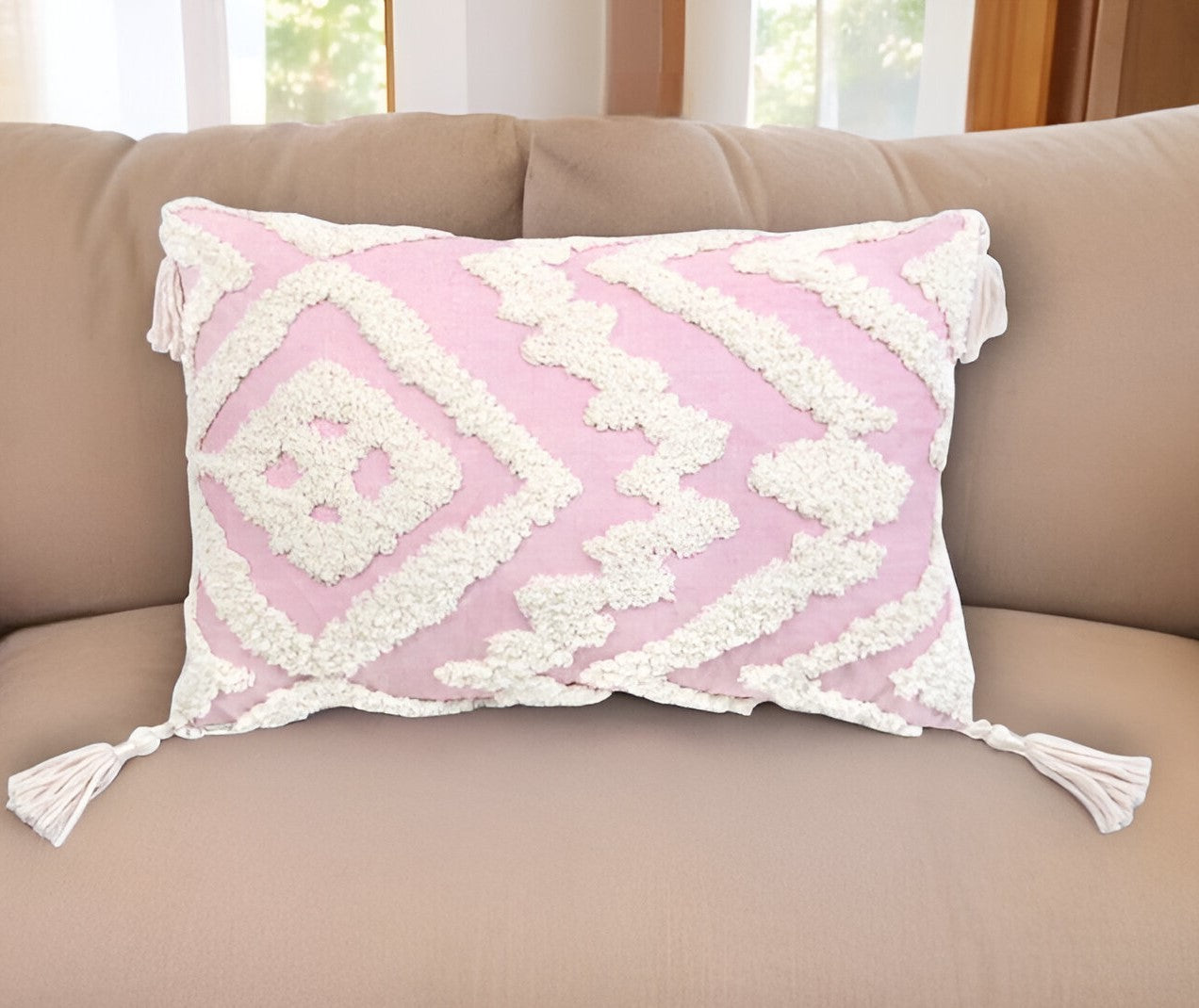 13’’ X 20’’ Pink and White Textural Abstract Throw Pillow with Tassels - Accent Throw Pillows