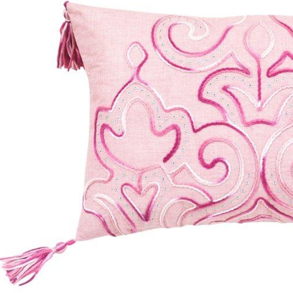 13’ X 20’ Pink Embroidered Damask Throw Pillow With Tassels - Accent Throw Pillows