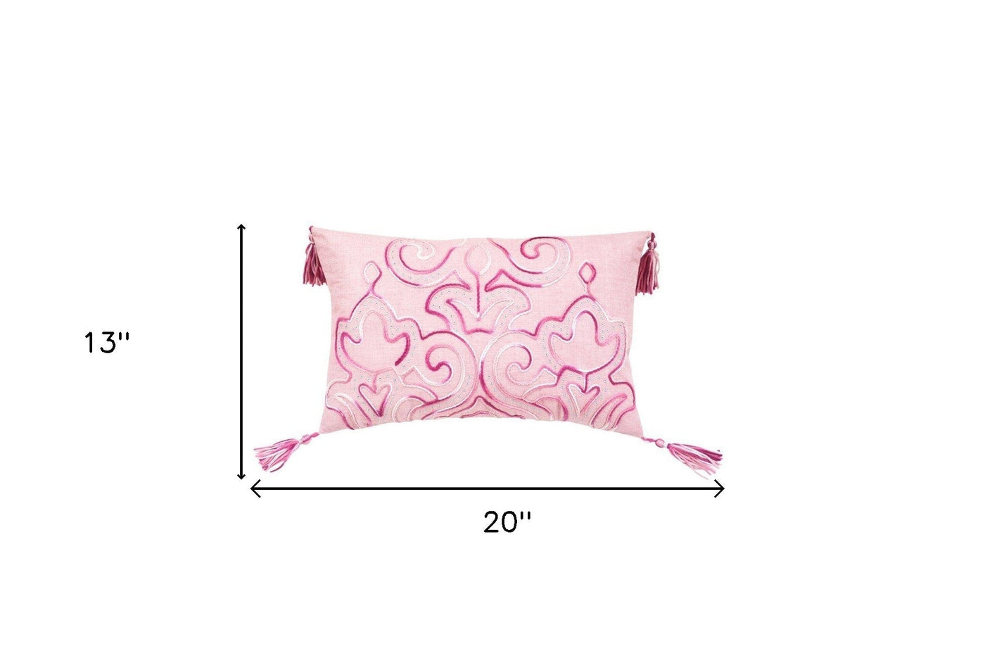 13’’ X 20’’ Pink Embroidered Damask Throw Pillow With Tassels - Accent Throw Pillows