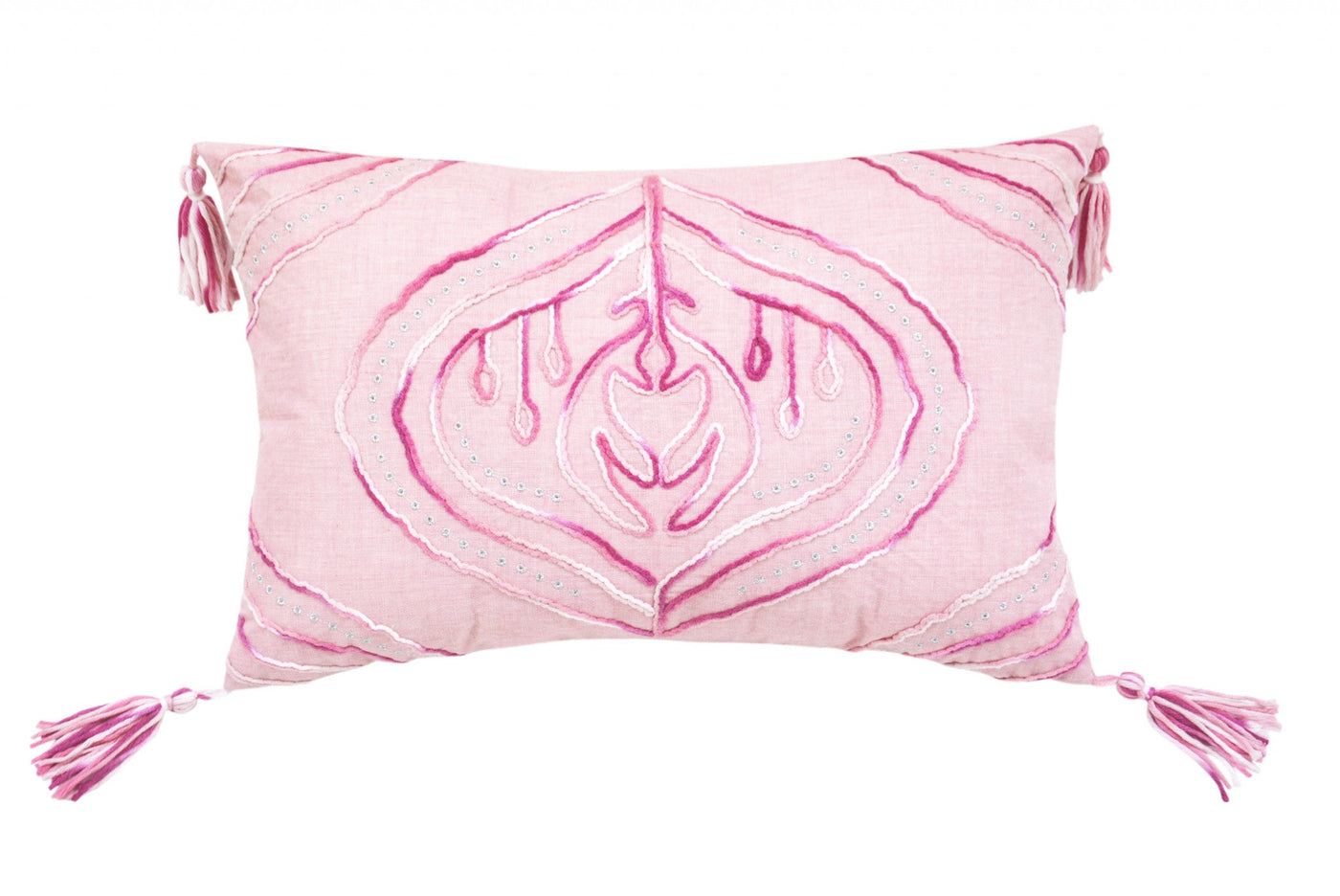 13’ X 20’ Pink White And Silver Abstract Zippered Polyester Throw Pillow With Tassels - Accent Throw Pillows