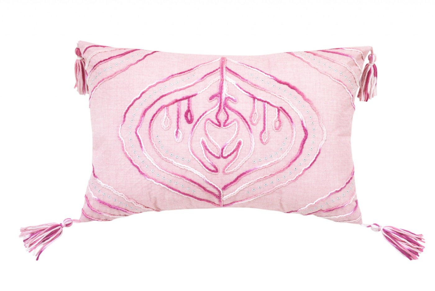 13’’ X 20’’ Pink White And Silver Abstract Zippered Polyester Throw Pillow With Tassels - Accent Throw Pillows