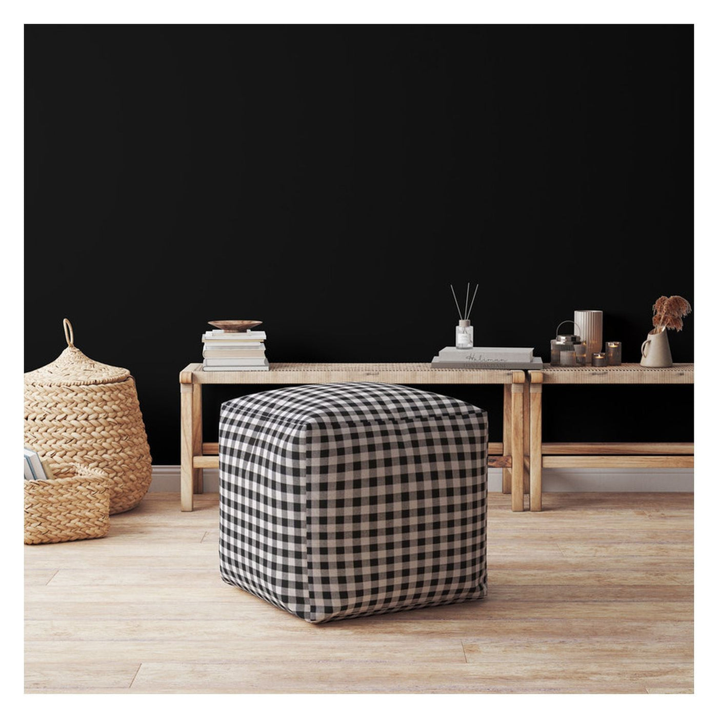 17’ Black And Gray Cotton Gingham Pouf Cover - Ottomans