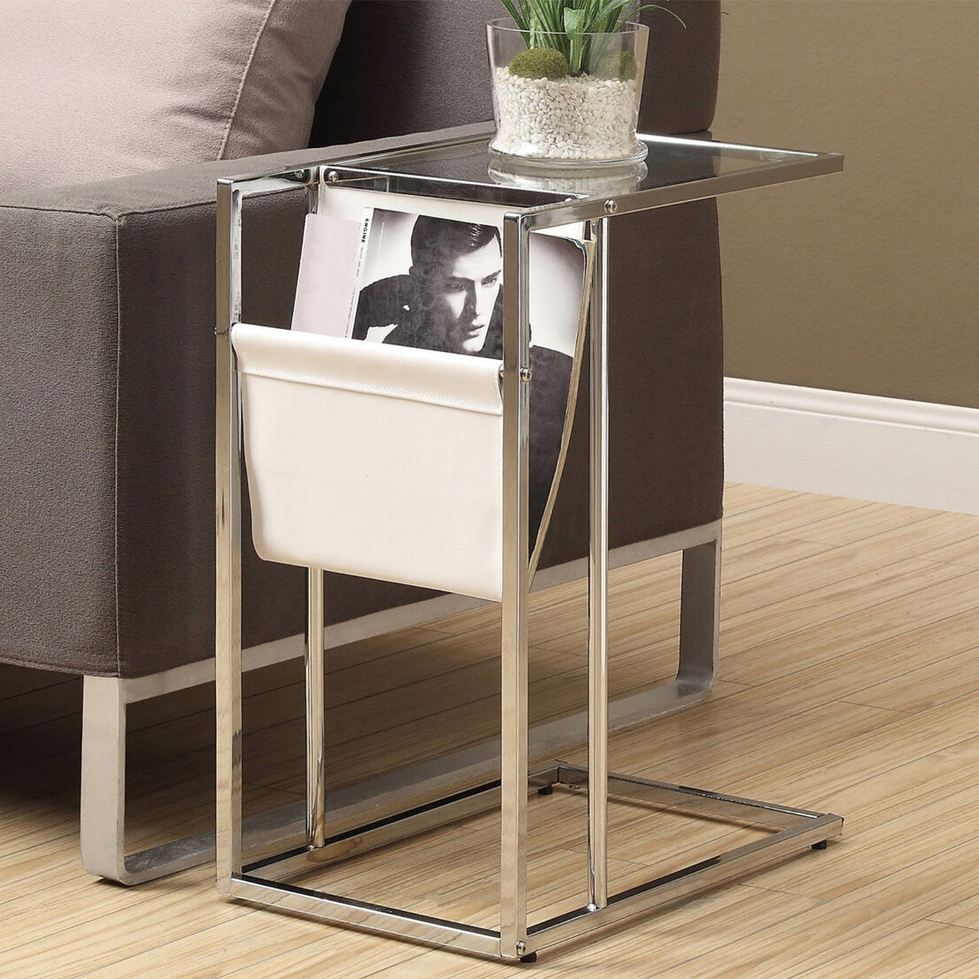 19.5’ X 12’ X 24’ Chrome Tempered Glass Leather Look Accent Table - Tray Tables