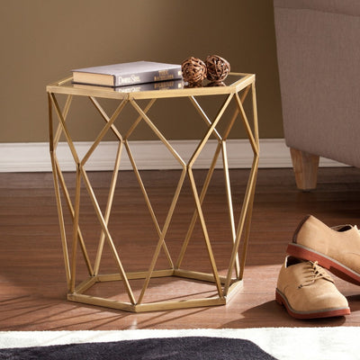 19’ Gold And Reflective Glass Hexagon Mirrored End Table - End-Side Tables