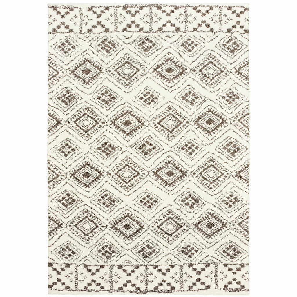 2’ X 3’ Ivory And Brown Geometric Shag Power Loom Stain Resistant Area Rug - Area Rugs