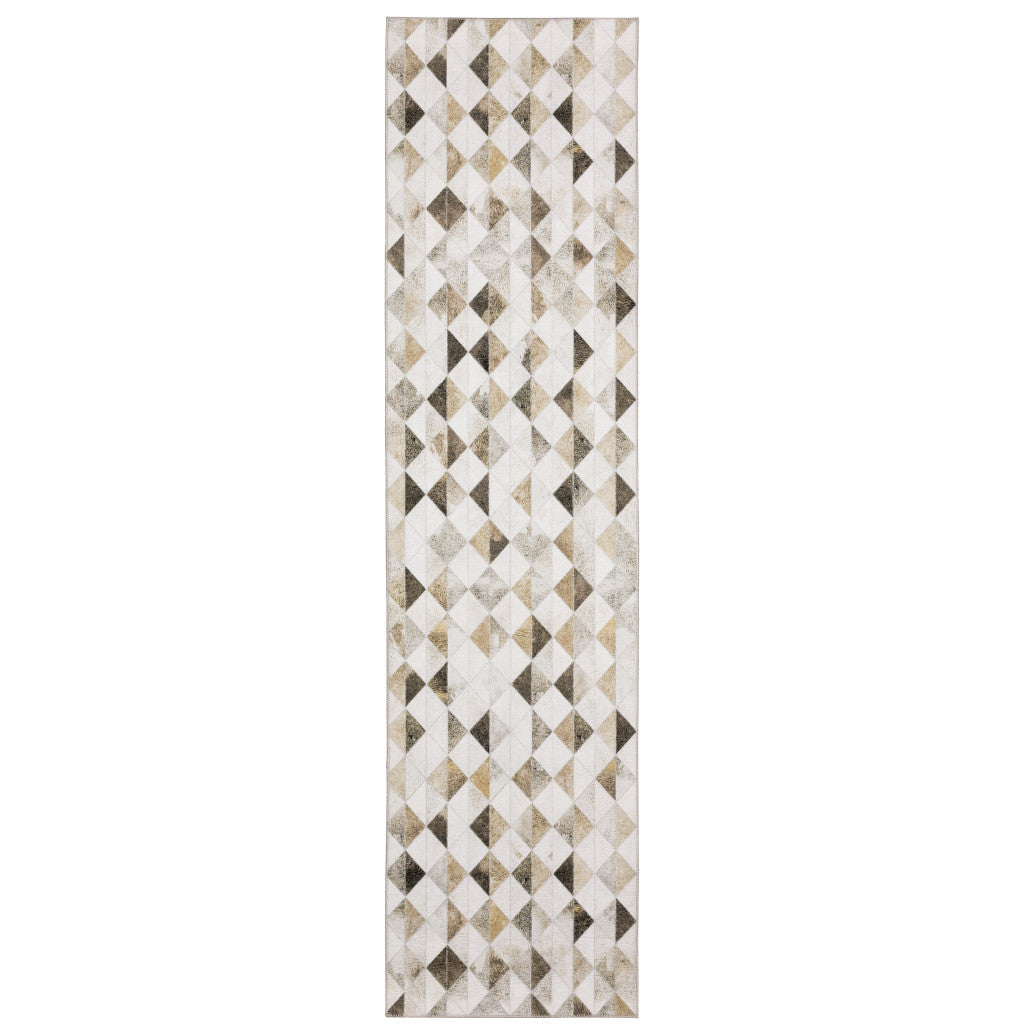 2’ X 8’ Beige Brown Grey And Ivory Geometric Power Loom Stain Resistant Runner Rug - Area Rugs