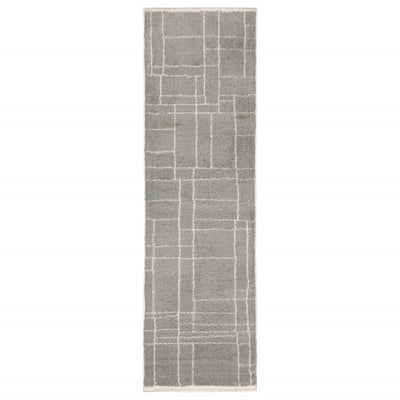 2’ X 8’ Grey And Ivory Geometric Shag Power Loom Stain Resistant Runner Rug - Area Rugs