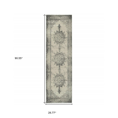 2’ X 8’ Ivory And Gray Pale Medallion Runner Rug - Area Rugs