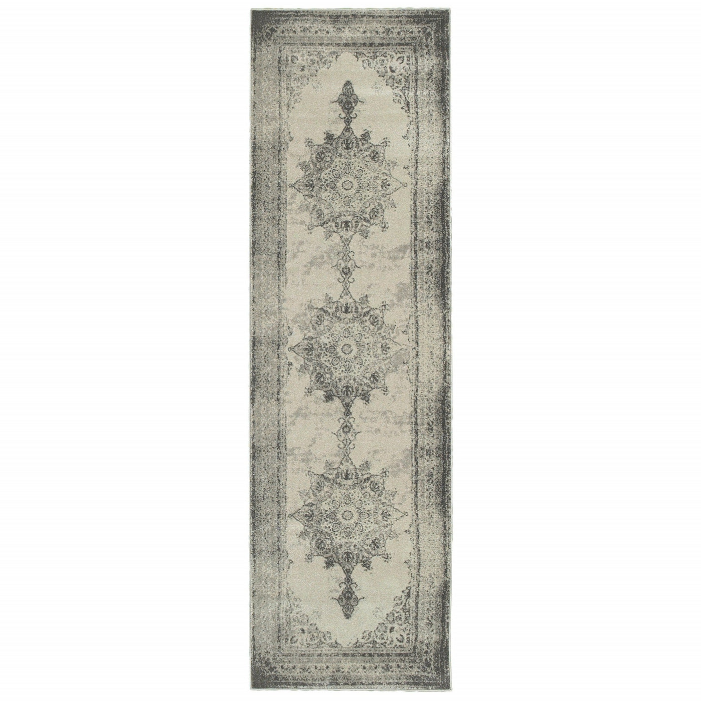 2’ X 8’ Ivory And Gray Pale Medallion Runner Rug - Area Rugs