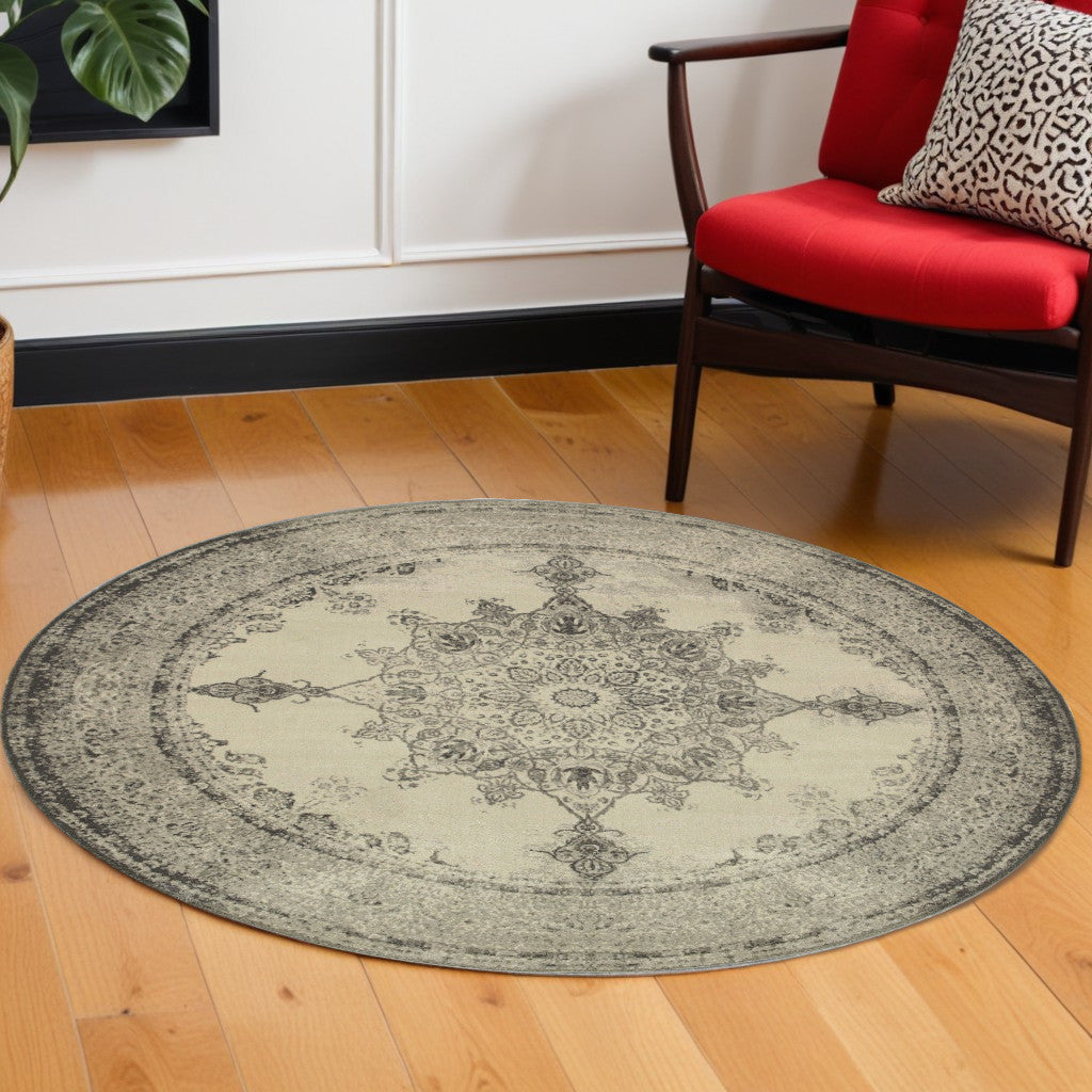 2’ X 8’ Ivory And Gray Pale Medallion Runner Rug - 8’ Round - Area Rugs