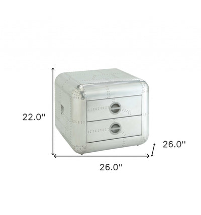 22’ Silver Aluminum Aviator Trunk Style Square End Table With Two Drawers - End-Side Tables