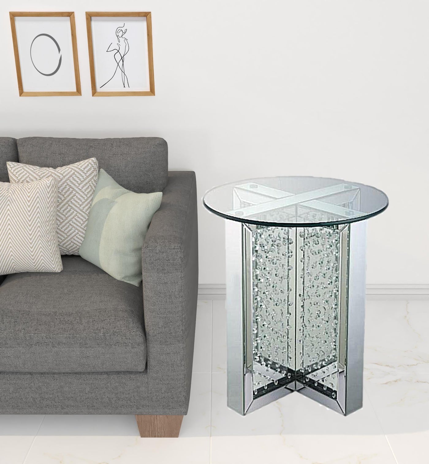 23’ Clear Glass And Mirrored Round End Table With Drawer - End-Side Tables