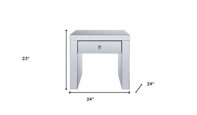 23’ Silver Glass Square End Table With Drawer - End-Side Tables