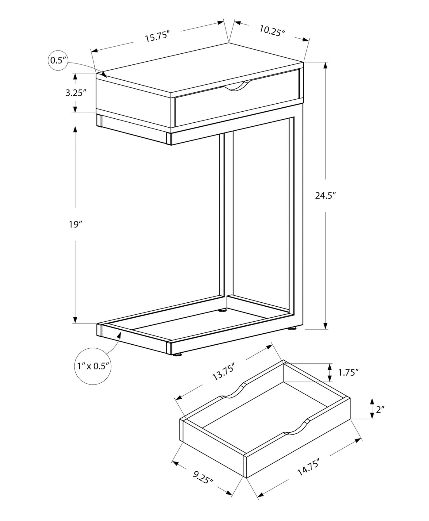 10.25’ X 15.75’ X 24.5’ Grey Finish Drawer And Black Metal Accent Table - Tray Tables